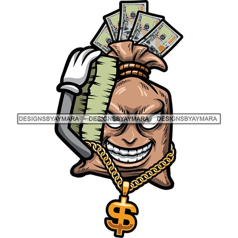 Money Bag Cartoon Character Hand Holding Lot Of Money Bundle Smile Face Wearing Dollar Sigh Gold Chain Vector White Background SVG JPG PNG Vector Clipart Cricut Silhouette Cut Cutting