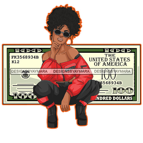 Afro Sexy Woman Squatting Money Maker One Hundred Dollar Background Sunglasses Curly Hairstyle SVG PNG JPG Cutting Files For Silhouette Cricut