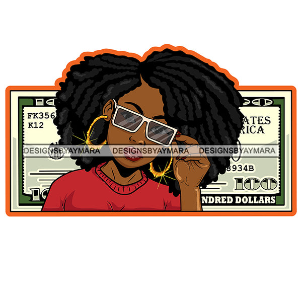 Afro Sexy Woman Money Maker One Hundred Dollar Background Sunglasses Afro Hairstyle SVG JPG PNG Cutting Files For Silhouette Cricut