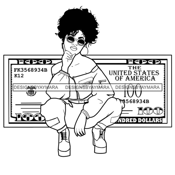 Afro Sexy Woman Squatting Money Maker One Hundred Dollar Background Sunglasses Curly Hairstyle B/W SVG PNG JPG Cutting Files For Silhouette Cricut