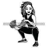 Afro Woman Squatting Holding A Fan Money Showing Off Dreadlocks Hairstyle B/W SVG JPG PNG Vector Clipart Cricut Silhouette Cut Cutting