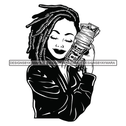 Afro Woman Hugging Money 100 Dollar Bill Hustler Showing Off Dreadlocks Hairstyle B/W SVG JPG PNG Vector Clipart Cricut Silhouette Cut Cutting