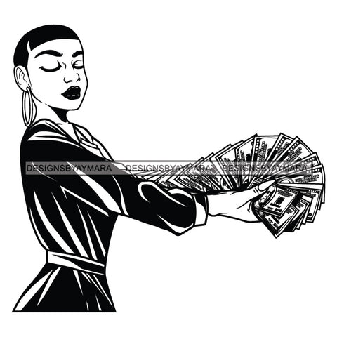 Afro Woman Side View Holding A Fan Money Showing Off Short Hairstyle B/W SVG JPG PNG Vector Clipart Cricut Silhouette Cut Cutting