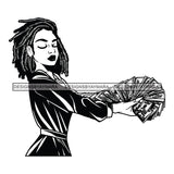 Afro Woman Side View Holding A Fan Money Showing Off Dreadlocks Hairstyle B/W SVG JPG PNG Vector Clipart Cricut Silhouette Cut Cutting