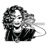 Afro Woman Holding Money Showing Off Melanin Necklace Curly Hairstyle B/W SVG JPG PNG Vector Clipart Cricut Silhouette Cut Cutting