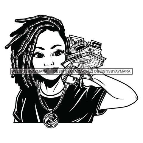 Afro Woman Holding Money Showing Off Melanin Necklace Dreadlocks Hairstyle B/W SVG JPG PNG Vector Clipart Cricut Silhouette Cut Cutting