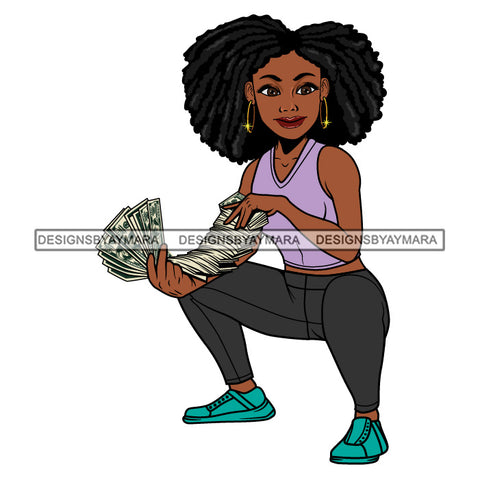 Afro Woman Squatting Holding A Fan Money Showing Off Purple Top Afro Hairstyle SVG JPG PNG Vector Clipart Cricut Silhouette Cut Cutting