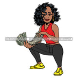Afro Woman Squatting Holding A Fan Money Showing Off Orange Top Curly Hairstyle SVG JPG PNG Vector Clipart Cricut Silhouette Cut Cutting