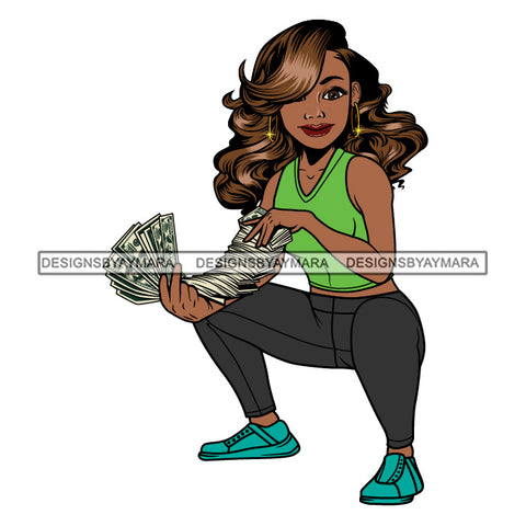 Afro Woman Squatting Holding A Fan Money Showing Off Green Top Wavy Hairstyle SVG JPG PNG Vector Clipart Cricut Silhouette Cut Cutting