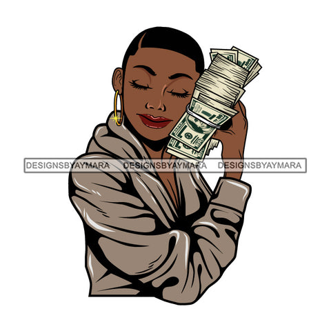 Afro Woman Squatting Holding A Fan Money Showing Off Grey Robe Short Hairstyle SVG JPG PNG Vector Clipart Cricut Silhouette Cut Cutting