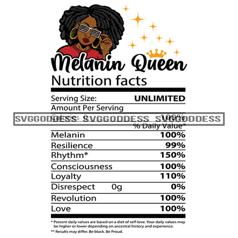 Nutrition Facts  Melanin Queen With Locs Sister Locs Nutritional Facts SVG JPG PNG Vector Clipart Cricut Silhouette Cut Cutting1