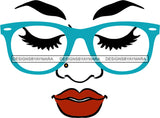 Face With Turquoise Glasses Eyelashes Red Lips SVG JPG PNG Vector Clipart Cricut Silhouette Cut Cutting1