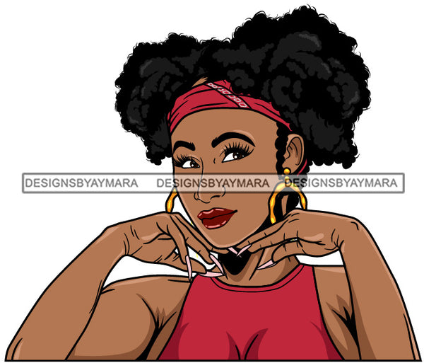 Afro Girl Babe Hoop Earrings Cute Long Nails Pigtails Hair Style SVG Cutting Files For Silhouette Cricut