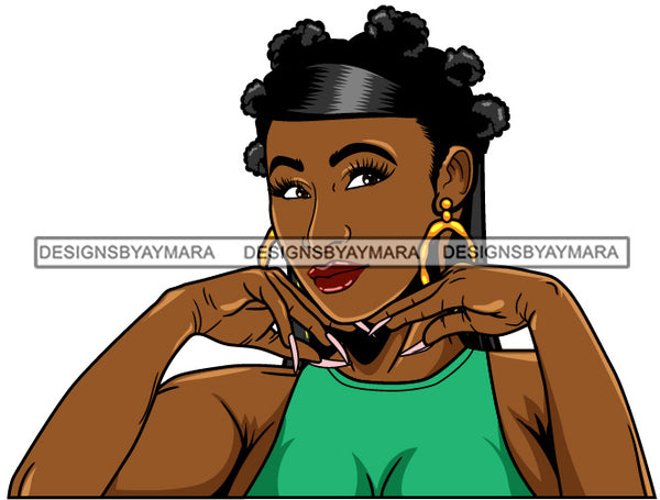 Afro Girl Babe Hoop Earrings Cute Long Nails Bantu Knots Hair Style SVG Cutting Files For Silhouette Cricut