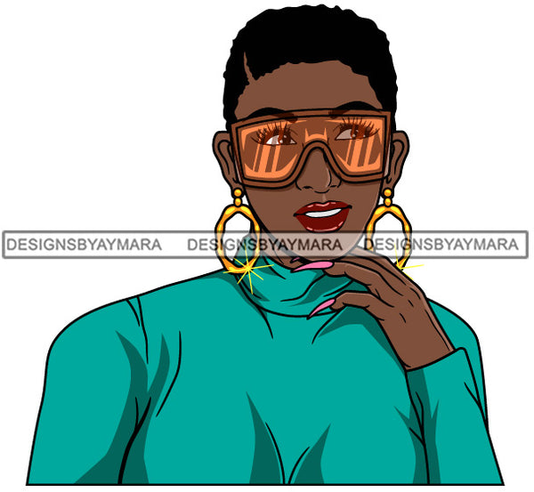 Afro Girl Babe Hoop Earrings Cute Sunglasses Long Nails Short Hair Style SVG Cutting Files For Silhouette Cricut