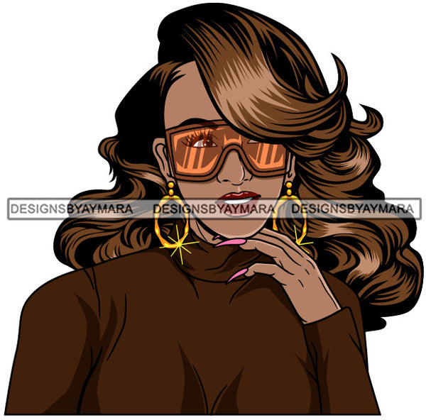 Afro Girl Babe Hoop Earrings Cute Sunglasses Long Nails Wavy Hair Style SVG Cutting Files For Silhouette Cricut