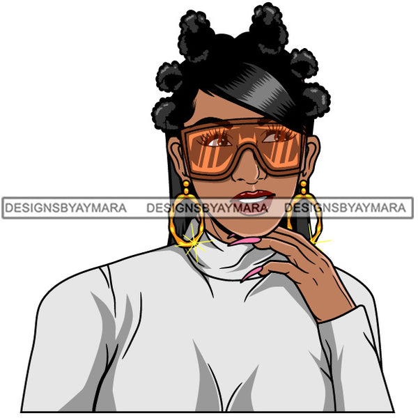 Afro Girl Babe Hoop Earrings Cute Sunglasses Long Nails Bantu Knots Hair Style SVG Cutting Files For Silhouette Cricut