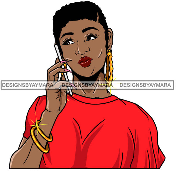 Afro Girl Babe Bamboo Hoop Earrings Cute Cellphone Talking Long Nails Short Hair Style SVG Cutting Files For Silhouette Cricut