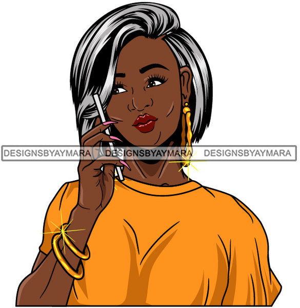 Afro Girl Babe Bamboo Hoop Earrings Cute Cellphone Talking Long Nails Straight Grey Hair Style SVG Cutting Files For Silhouette Cricut