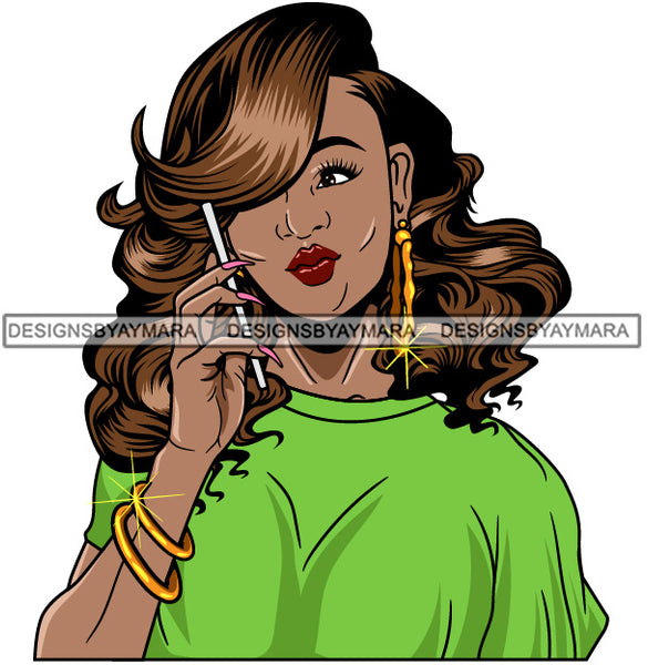Afro Girl Babe Bamboo Hoop Earrings Cute Cellphone Talking Long Nails Wavy Hair Style SVG Cutting Files For Silhouette Cricut