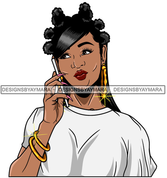 Afro Girl Babe Bamboo Hoop Earrings Cute Cellphone Talking Long Nails Bantu Knots Hair Style SVG Cutting Files For Silhouette Cricut