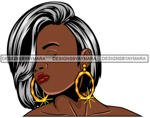 Afro Girl Babe Bamboo Hoop Earrings Sexy Profile Straight Gray Hair Style SVG Cutting Files For Silhouette Cricut