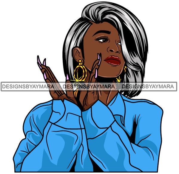 Afro Girl Babe Hoop Earrings Sexy Long Nails Clapping Grey Straight Hair Style SVG Cutting Files For Silhouette Cricut