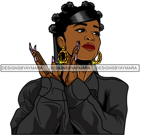 Afro Girl Babe Hoop Earrings Sexy Long Nails Clapping Bantu Knots Hair Style SVG Cutting Files For Silhouette Cricut