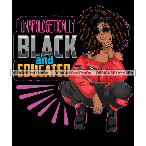 Pretty Melanin Woman Squatting Intelligent Strong Natural Afro Hairstyle Black Background SVG JPG PNG Vector Clipart Cricut Silhouette Cut Cutting
