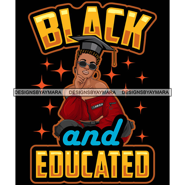 Pretty Woman Squatting Educated Wearing Graduation Cap Black Background SVG JPG PNG Vector Clipart Cricut Silhouette Cut Cutting