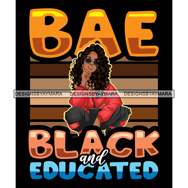 Pretty Woman Squatting Educated Long Curly Shades Brown Stripes Black Background SVG JPG PNG Vector Clipart Cricut Silhouette Cut Cutting