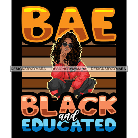 Pretty Woman Squatting Educated Long Curly Shades Brown Stripes Black Background SVG JPG PNG Vector Clipart Cricut Silhouette Cut Cutting