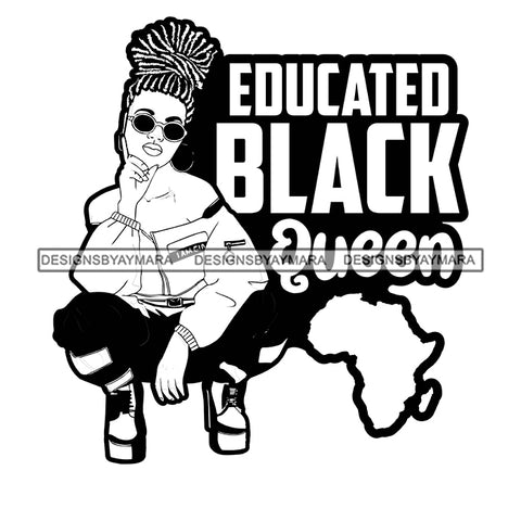 Pretty Afro Woman Squatting Africa Map Updo Hairstyle Illustration B/W SVG JPG PNG Vector Clipart Cricut Silhouette Cut Cutting