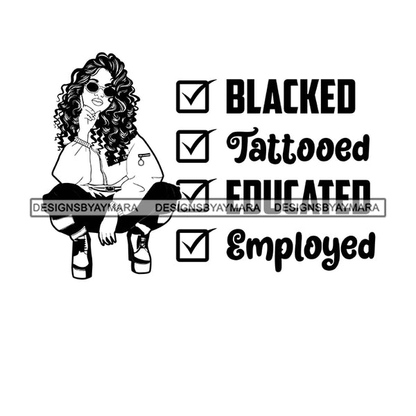 Pretty Melanin Woman Squatting Intelligent Unique Long Curly Hairstyle B/W SVG JPG PNG Vector Clipart Cricut Silhouette Cut Cutting