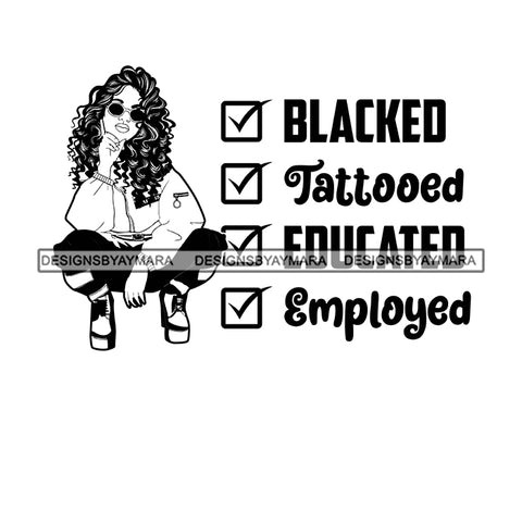 Pretty Melanin Woman Squatting Intelligent Unique Long Curly Hairstyle B/W SVG JPG PNG Vector Clipart Cricut Silhouette Cut Cutting