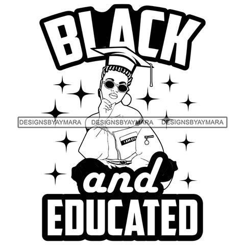 Pretty Woman Squatting Educated Wearing Graduation Cap B/W SVG JPG PNG Vector Clipart Cricut Silhouette Cut Cutting