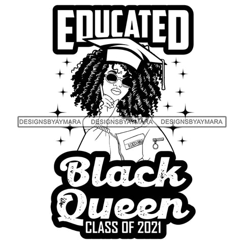 Pretty Afro Woman Educated Graduation Cap Natural Afro Hairstyle B/W SVG JPG PNG Vector Clipart Cricut Silhouette Cut Cutting