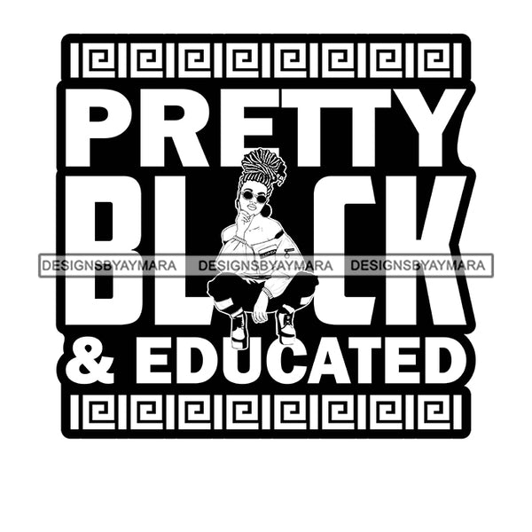 Pretty Afro Woman Squatting Educated Sunglasses Updo Hairstyle B/W SVG JPG PNG Vector Clipart Cricut Silhouette Cut Cutting