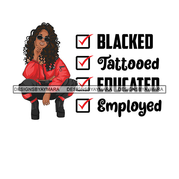 Pretty Melanin Woman Squatting Intelligent Unique Long Curly Hairstyle White Background SVG JPG PNG Vector Clipart Cricut Silhouette Cut Cutting