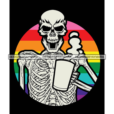 Pride Month Parade Homosexual Rainbow Skeleton Holding Cup Black Background SVG JPG PNG Vector Clipart Cricut Silhouette Cut Cutting