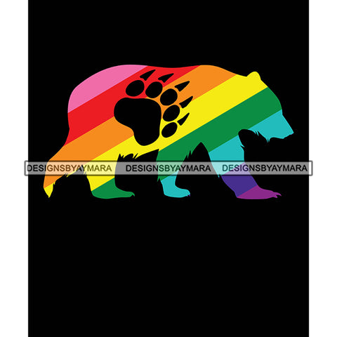 Pride Month Parade Celebration Rainbow Bear Paw Print Black Background SVG JPG PNG Vector Clipart Cricut Silhouette Cut Cutting