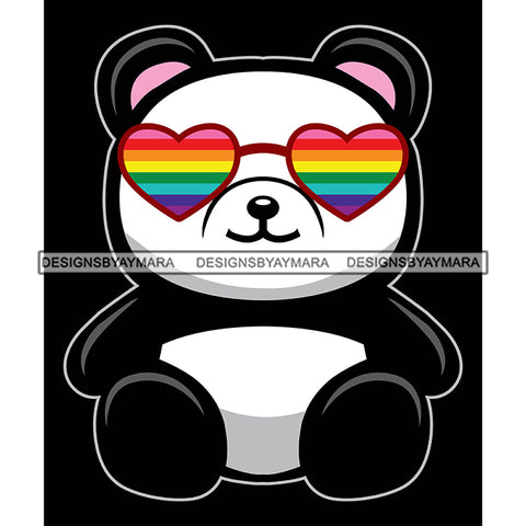 Pride Month Parade Celebration Panda Bear Rainbow Heart Sunglasses Black Background SVG JPG PNG Vector Clipart Cricut Silhouette Cut Cutting