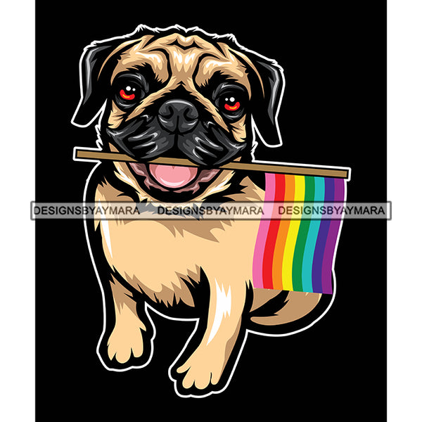 Pride Month Parade Celebration Cute Dog Holding Rainbow Flag Black Background SVG JPG PNG Vector Clipart Cricut Silhouette Cut Cutting