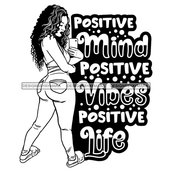 Afro Beautiful Sexy Woman Life Quotes Melanin Nubian Sexy Curvy Long Curly Hairstyle B/W SVG PNG JPG Cutting Files Silhouette Cricut More