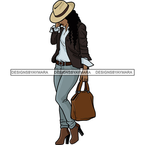 Melanin Woman Wearing Classy Hat Purse Winter Clothes Boots SVG JPG PNG Cutting Files For Silhouette Cricut More