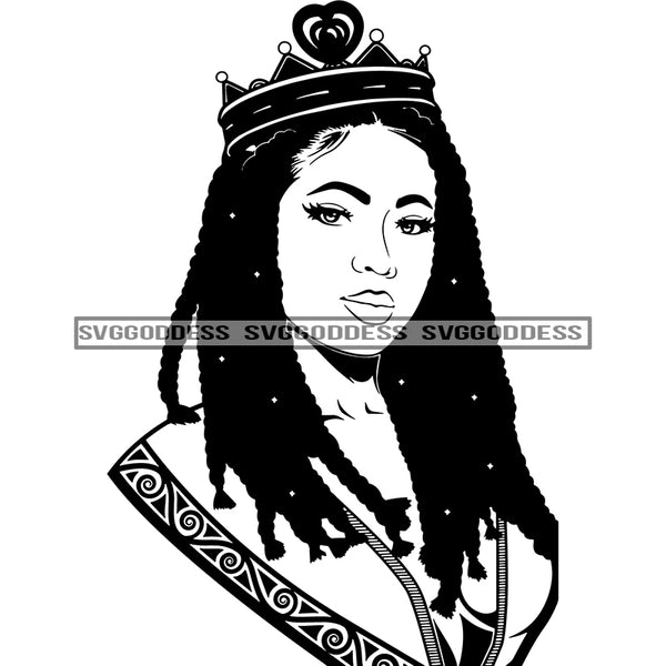 Beautiful Afro Black Queen Crowned Long Braids Hairstyle Illustration B/W SVG JPG PNG Vector Clipart Cricut Silhouette Cut Cutting