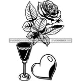 Wine Glass Rose Heart Romantic Event Drinking Relax Chilling Anniversary B/W SVG JPG PNG Vector Clipart Cricut Silhouette Cut Cutting