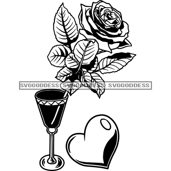 Wine Glass Rose Heart Romantic Event Drinking Relax Chilling Anniversary B/W SVG JPG PNG Vector Clipart Cricut Silhouette Cut Cutting