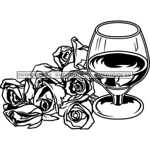 Wine Glass Roses Romantic Event Drinking Relax Chilling Anniversary Birthday B/W SVG JPG PNG Vector Clipart Cricut Silhouette Cut Cutting