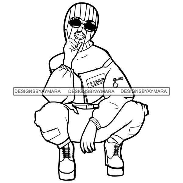 Afro Woman Squatting Wearing Striped Ski Mask Winter Protection Sunglasses Face Mask B/W SVG Cutting Files For Silhouette Cricut